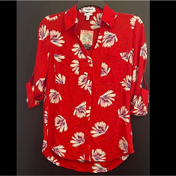 Express Tops - EXPRESS Portofino Red Floral Satin Button-Up Shirt